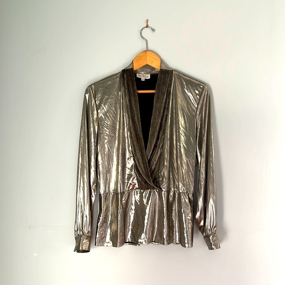 Vintage Tops - Vintage Silver Plunge Neckline Peplum Blouse